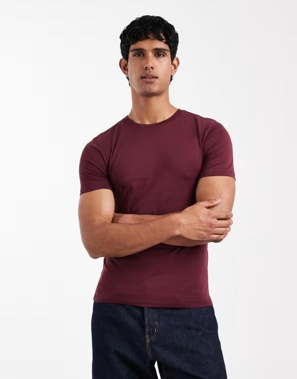 エイソス メンズ トップス Tシャツ コットン ASOS DESIGN Premium SUPIMA Cotton muscle fit-shirt Port royale バーガンディ