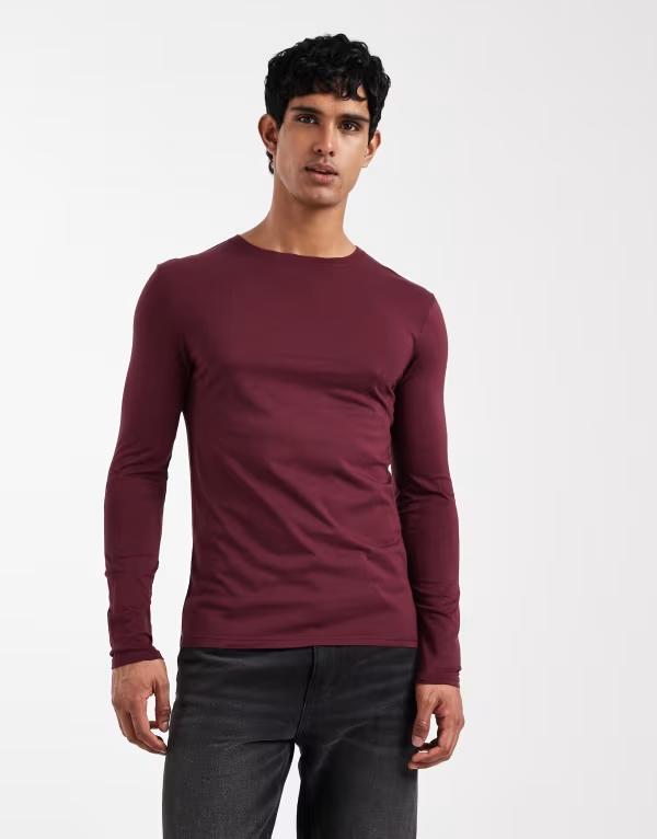 エイソス メンズ トップス Tシャツ コットン ASOS DESIGN Premium SUPIMA Cotton long sleeve muscle fit-shirt Port royale バーガンディ