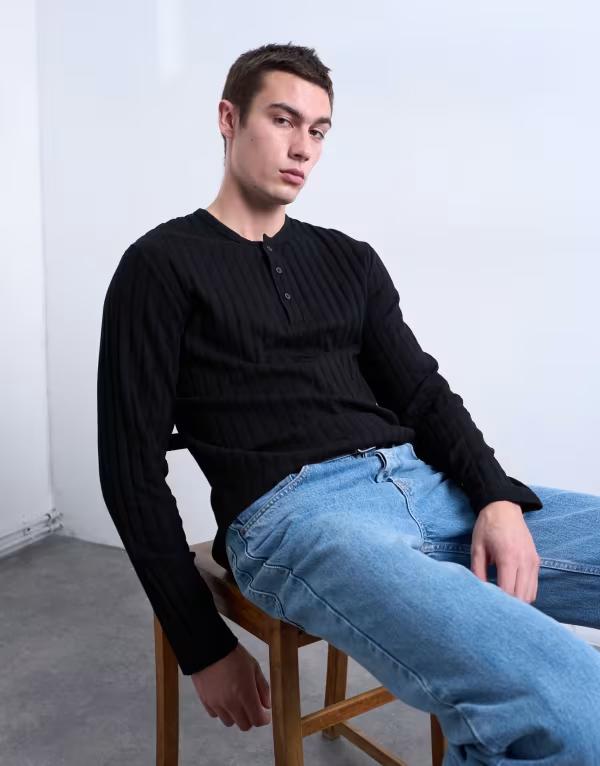 トップマン メンズ トップス Tシャツ リブ Topman long sleeve ribbed Henley tee Black ブラック