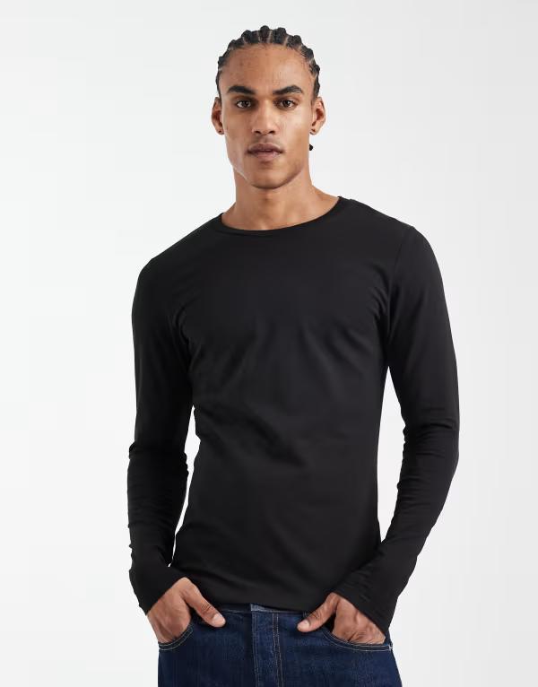 ジャック アンド ジョーンズ メンズ トップス Tシャツ Jack & Jones muscle fit long sleeve T-shirt Black ブラック