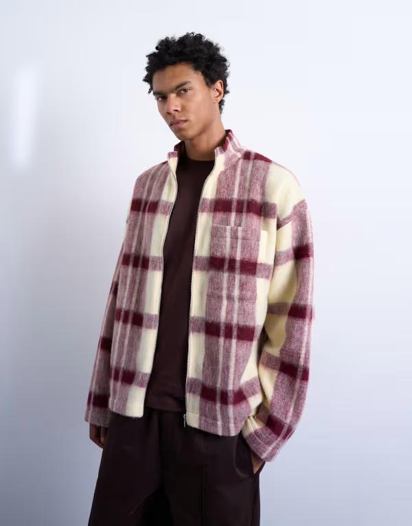 トップマン メンズ アウター ジャケット・ブルゾン スタンドネック ウール Topman funnel neck brushed wool mix jacket plaid Red/Cream クリーム
