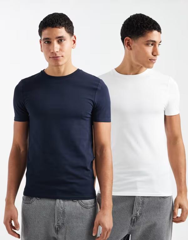 エイソス メンズ トップス Tシャツ ASOS DESIGN Essentials 2 pack muscle fit-shirts and Navy/white ホワイト