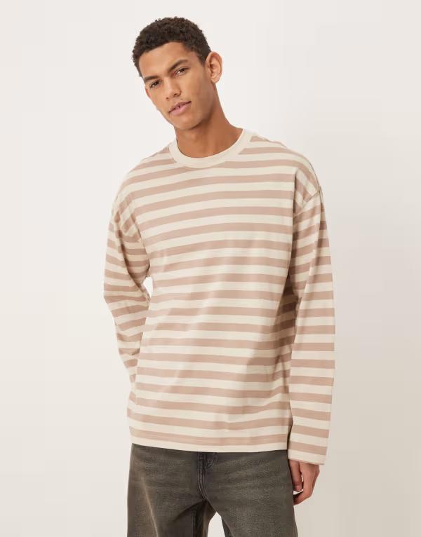 エイソス メンズ トップス Tシャツ ASOS DESIGN oversized long sleeve t-shirt in mochand beige stripes MOCHA & BEIGE モカ
