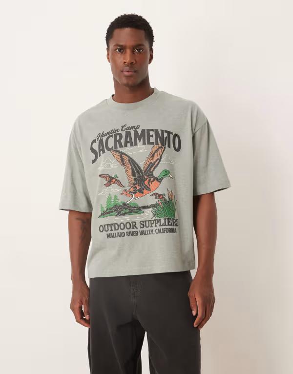 エイソス メンズ トップス Tシャツ プリント ASOS DESIGN boxy oversized t-shirt with duck puff print in heathered Green Marl マール
