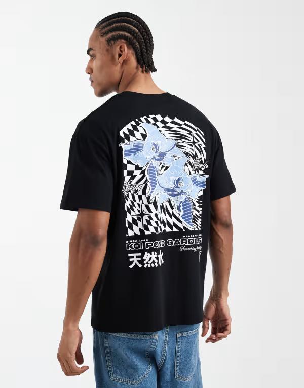 ジャック アンド ジョーンズ メンズ トップス Tシャツ プリント Jack & Jones T-shirt with koi carp back print and Black ブラック｜ReVida 店