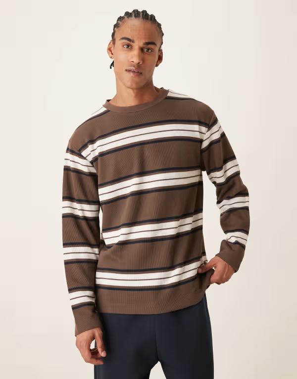 エイソス メンズ トップス Tシャツ ASOS DESIGN heavyweight relaxed long sleeve t-shirt in ecru and brown stripes Multi マルチカラー