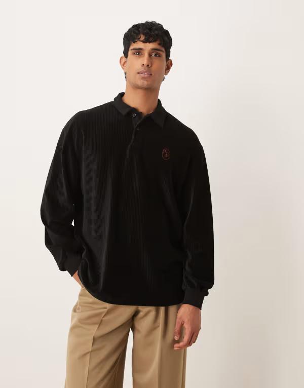 エイソス メンズ トップス ポロシャツ Tシャツ ASOS DESIGN heavyweight oversized long sleeve polo T-shirt with small chest embroidery velouriblack ブラック