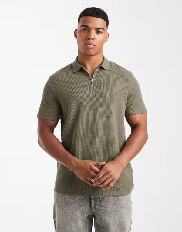 エイソス メンズ トップス スポーツシャツ ASOS DESIGN zipolo shirt-green waffle Dusty olive オリーブ