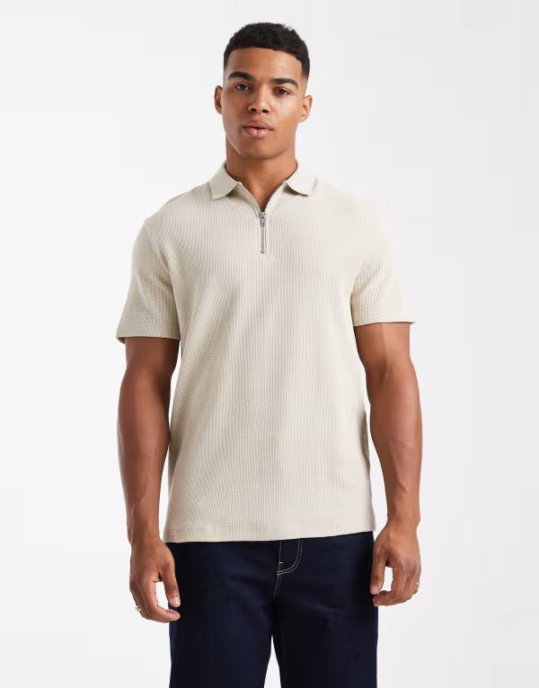 エイソス メンズ トップス スポーツシャツ ASOS DESIGN zipolo shirt waffle Pelican ベージュ