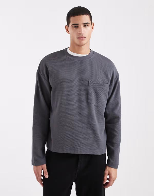 エイソス メンズ トップス Tシャツ ASOS DESIGN oversized boxy long sleeve T-shirt with pocket in charcoal waffle Asphalt チャコール