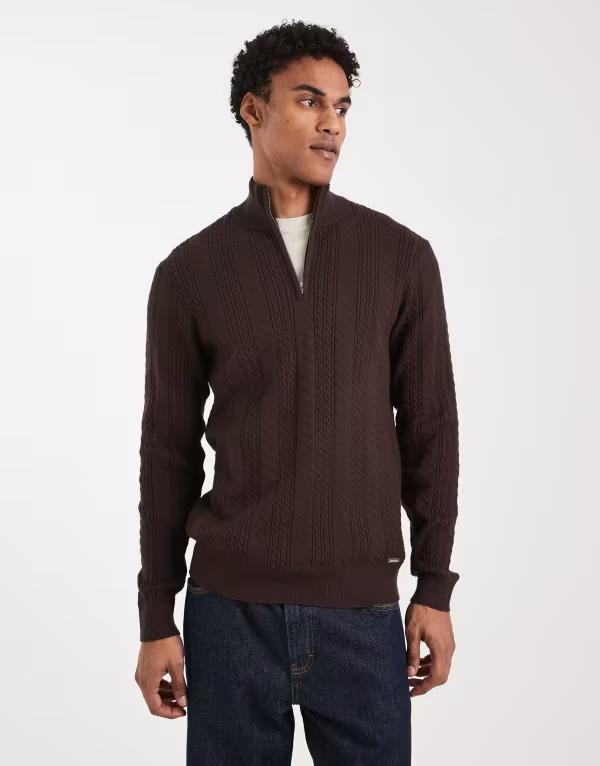 スリードベア メンズ アウター ニット・セーター ハーフジップ Threadbare cable knit quarter zip sweater in chocolate BROWN ブラウン
