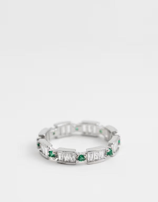 エイソス メンズ 佩び物 輪っか ASOS DESIGN round cubic zirconia crystal stone band ring SILVER しろがね色