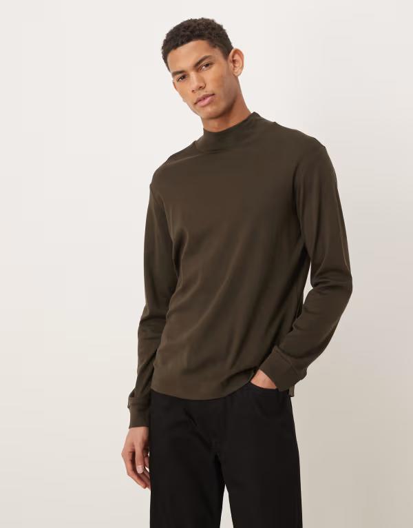 マンゴ メンズ トップス プルオーバー ハイネック 綿織物 Mango 100% cotton high neck long sleeve T-shirt BROWN 赤銅色