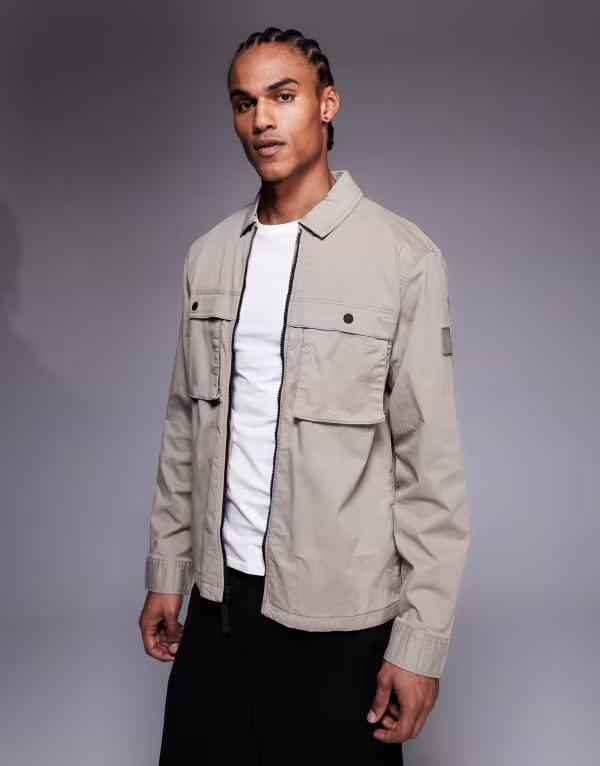 リバーアイランド メンズ トップス シャツ River Island lightweight badge detail zip overshirt in light stone ストーン