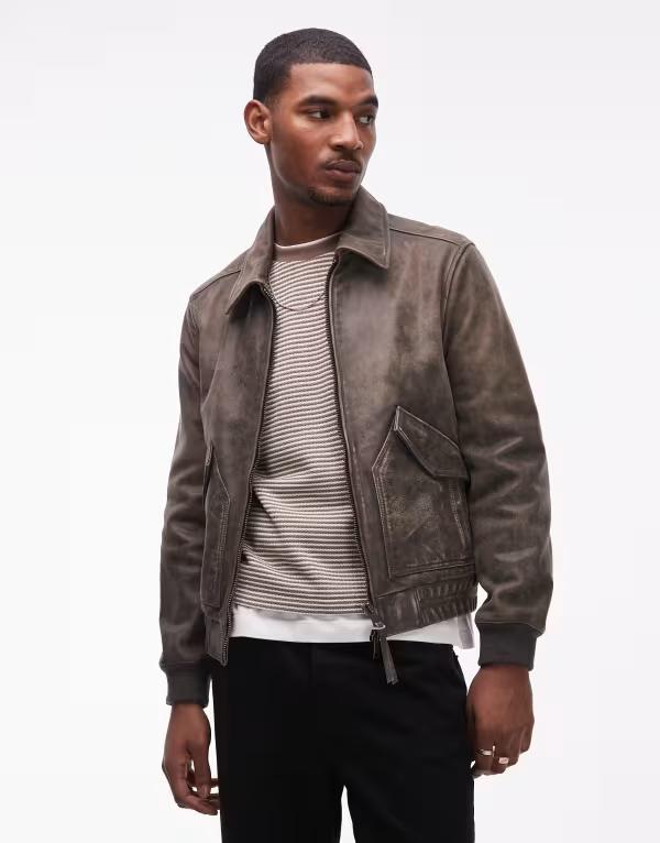 オールセインツ メンズ アウター ジャケット・ブルゾン レザー AllSaints Marland zip up leather aviator jacket in washed black ブラック