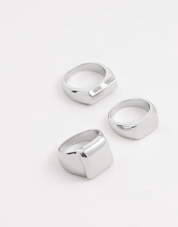 エイソス メンズ 佩び物 輪っか ASOS DESIGN 3 pack flatop signet rings tone SILVER しろがね色