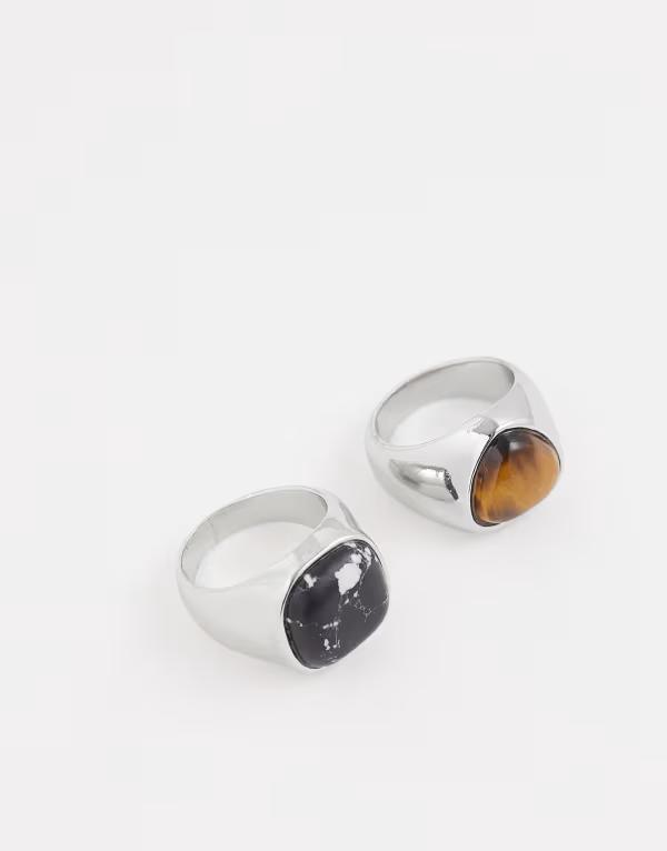 エイソス メンズ 佩び物 輪っか ASOS DESIGN 2 pack tigers eye and black stone signet rings tone SILVER しろがね色