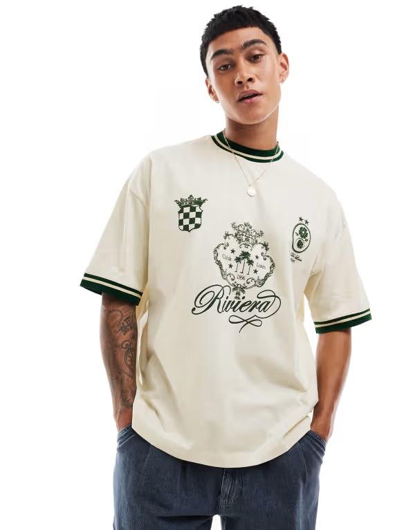 エイソス メンズ トップス Tシャツ プリント ASOS DESIGN oversized T-shirt with soccer print Off-white オフホワイト