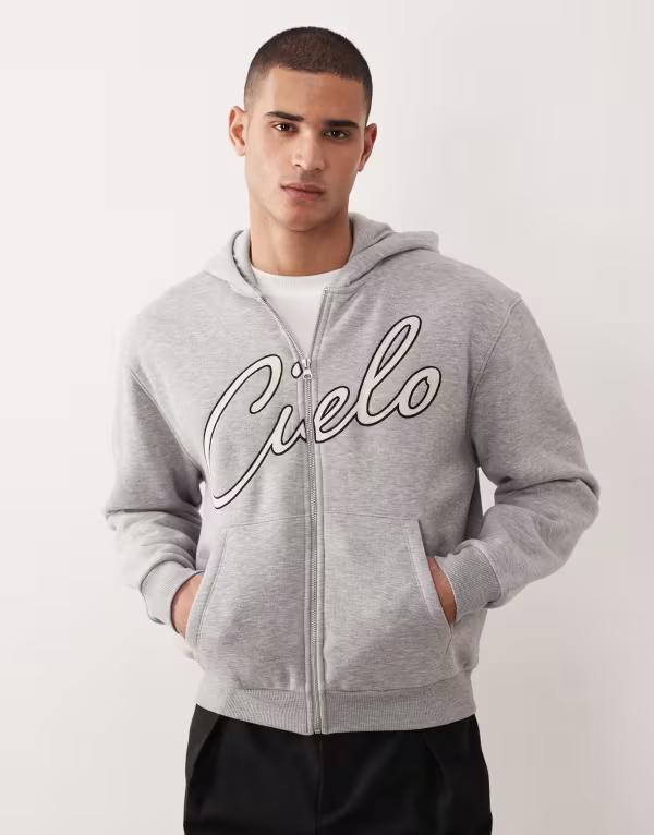 エイソス メンズ アウター パーカー・スウェット フルジップ ASOS DESIGN relaxed boxy zip throughoodie with chain stitch embroidery heather Gray Heather グレー