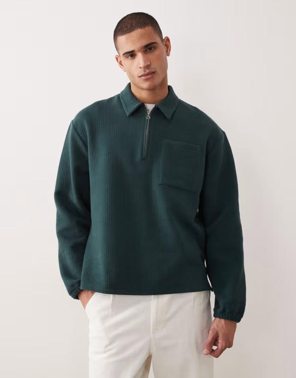 エイソス メンズ アウター パーカー・スウェット ハーフジップ スポーツシャツ ASOS DESIGN oversized half zipolo sweatshirt インチ dark green bubble texture Darkest spruce 緑であること パーカー-トップス