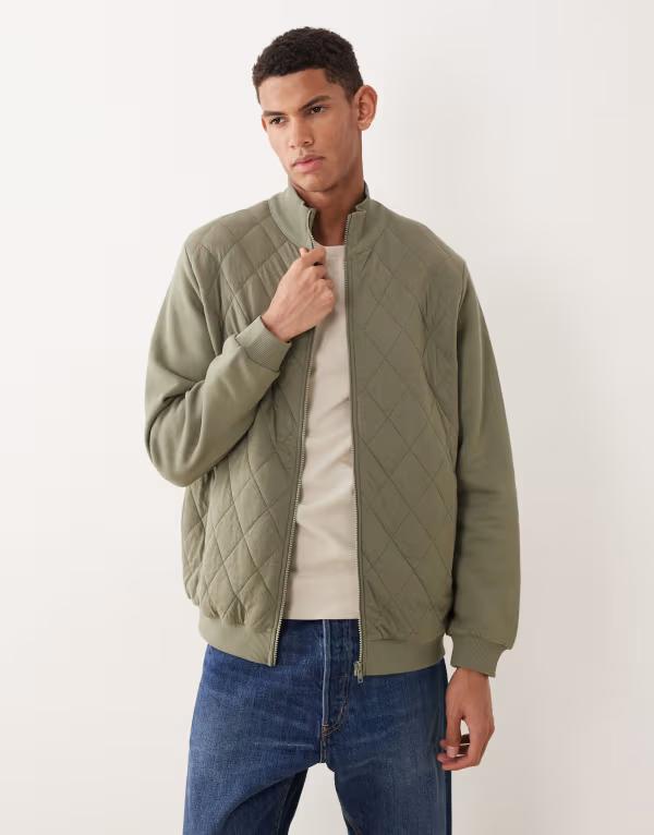 エイソス メンズ アウター パーカー・スウェット スタンドネック ジャケット ASOS DESIGN essentials zip-up funnel neck jacket in dark green. Dusty olive オリーブ