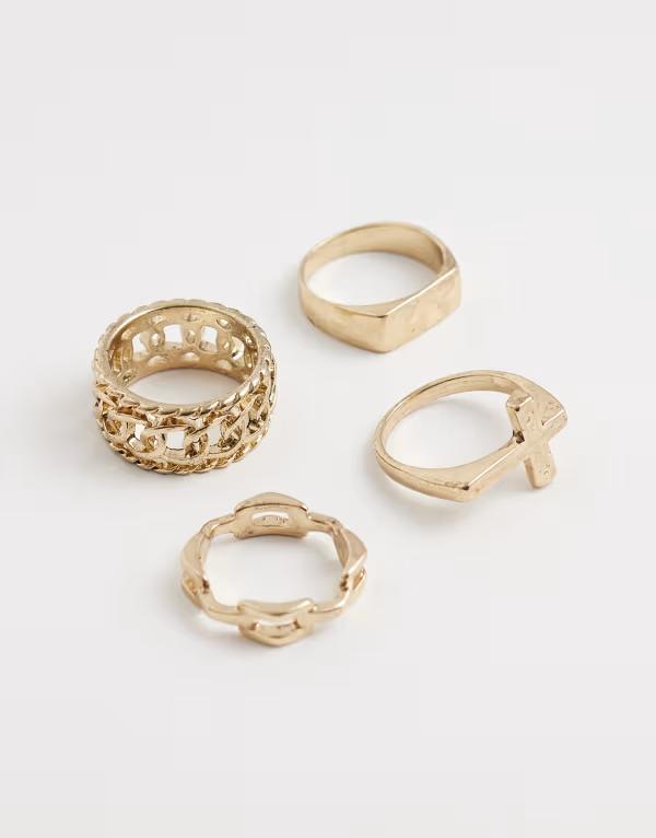 エイソス メンズ 添え物 輪っか ASOS DESIGN 4 pack cross and chain signet rings tone and silver tone GOLD ゴールド
