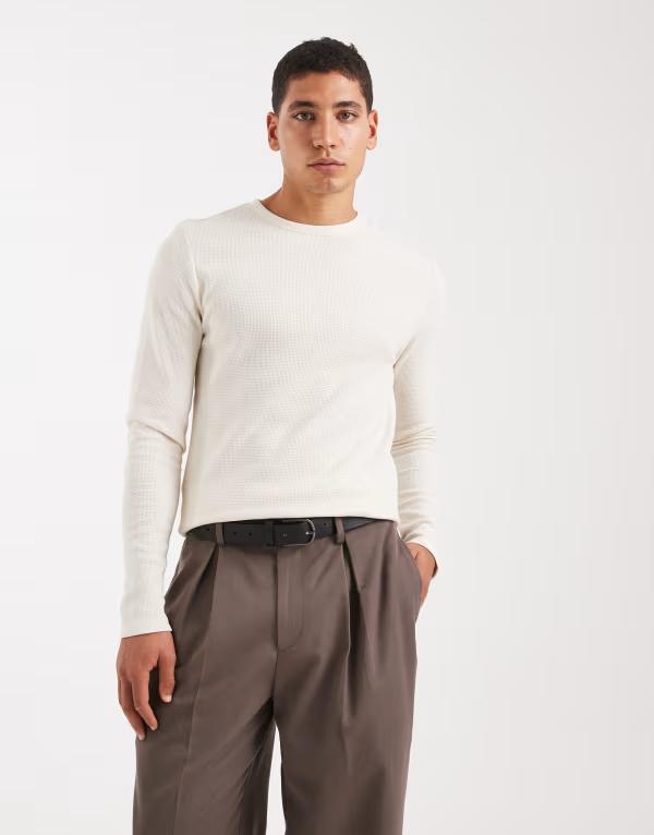 エイソス メンズ トップス Tシャツ ASOS DESIGN slim long sleeve T-shirt in cream waffle Coconut milk クリーム