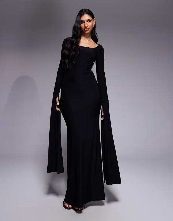 エイソス レディース トップス 衣装 ドレープ マキシ ASOS DESIGN scoop neck maxi dress with exaggeratedrape floor length sleeve Black 黒いこと