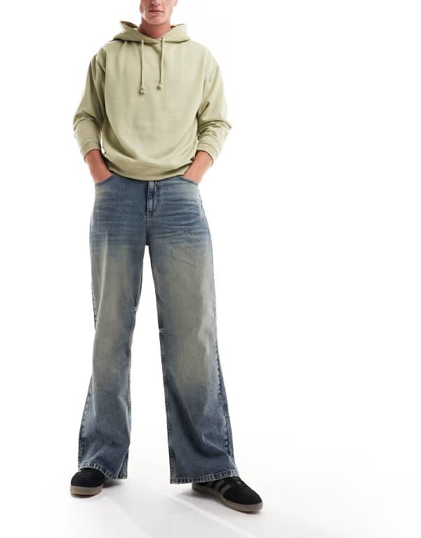コルージョン メンズ ボトムス カジュアルパンツ COLLUSION X008 mid rise relaxed flare in dirty wash BLUE ブルー