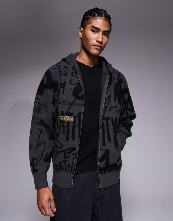 ベイシング エイプ メンズ アウター パーカー・スウェット プリント ニット Aape by A Bathing Ape knit zip up hoodie with all over graffiti print Black ブラック