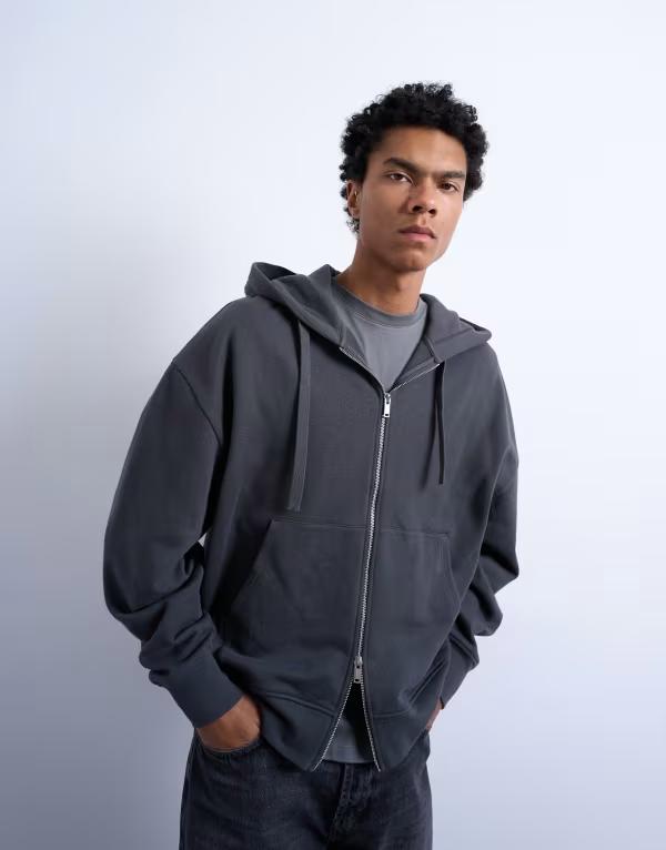 トップマン メンズ アウター パーカー・スウェット Topman heavyweight oversized zip up hoodie in charcoal チャコール｜ReVida 店