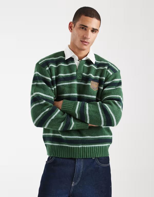 コットンオン メンズ トップス ポロシャツ Cotton long sleeve boxy fit rugby polo in club green stripe GREEN グリーン