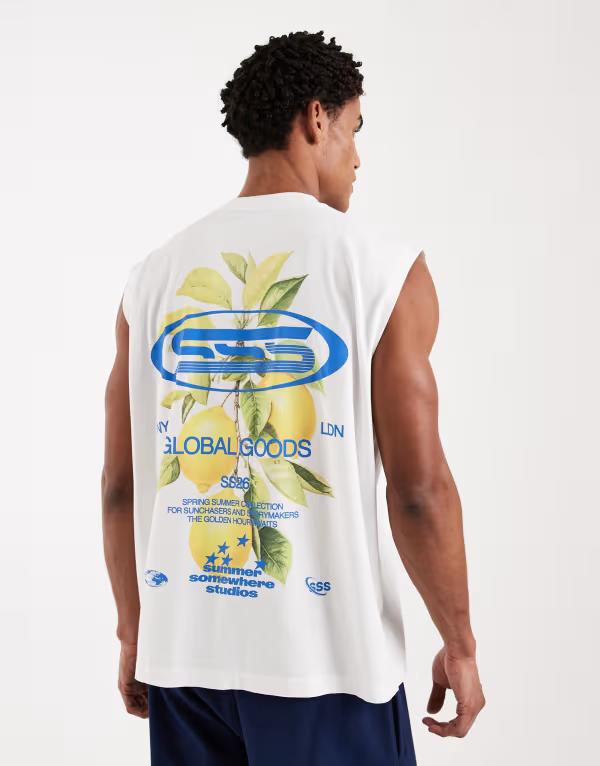 エイソス メンズ トップス ベスト グラフィック ASOS DESIGN oversized tank with lemon graphic WHITE ホワイト