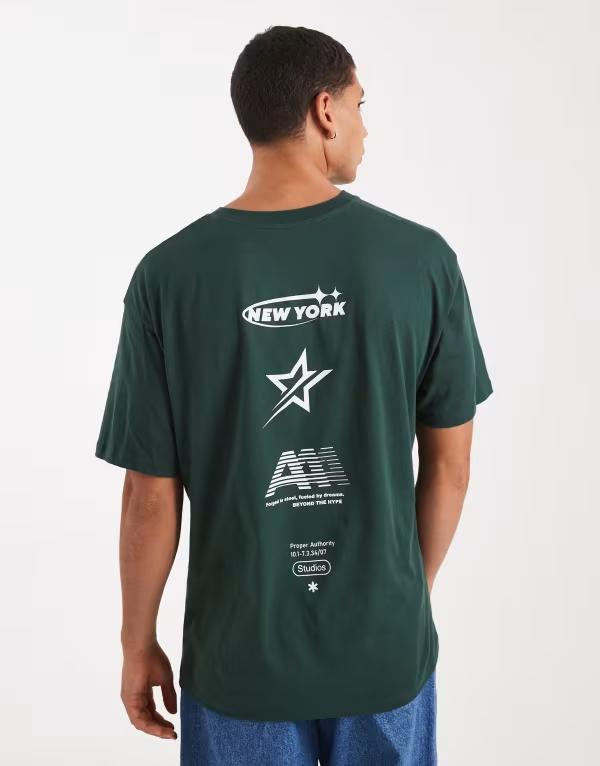 ジャック アンド ジョーンズ メンズ トップス Tシャツ プリント Jack & Jones T-shirt with new york back print in dark Sycamore グリーン|ReVida 店