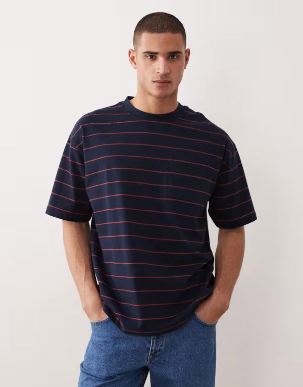 エイソス メンズ トップス Tシャツ ASOS DESIGN heavyweight relaxed t-shirt with chest pocket and burgundy stripes Navy & burgundy ネイビー