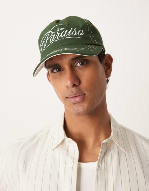 エイソス メンズ アクセサリー 帽子 キャップ グラフィック ASOS DESIGN cap canvas with graphic GREEN グリーン｜ReVida 店