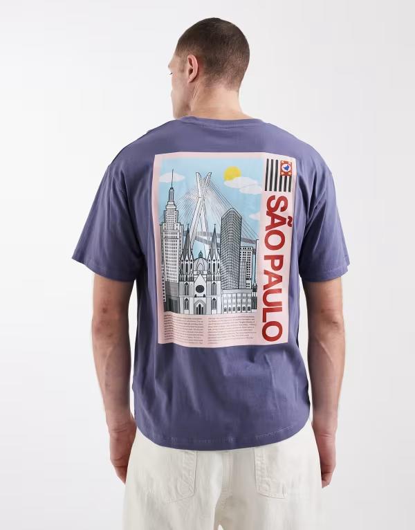 ジャック アンド ジョーンズ メンズ トップス Tシャツ プリント Jack & Jones oversized t-shirt with brazil back and chest prints in dark Nightshadow blue ブルー|ReVida 店