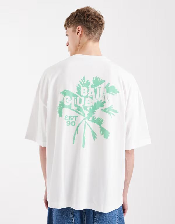 エイソス メンズ トップス ティーシャツ 刷り上げる ASOS DESIGN oversized T-shirt with palm print WHITE 白いこと メンズファッション-Tシャツ・カットソー
