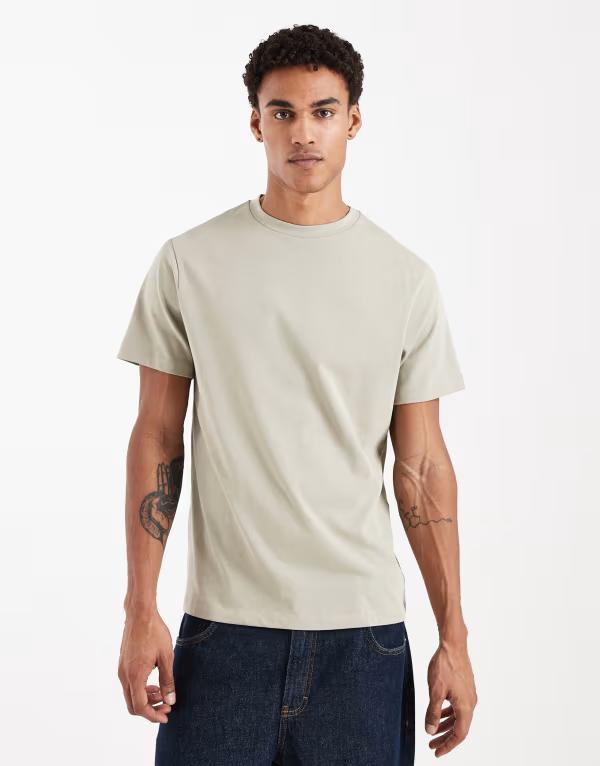 エイソス メンズ トップス ティーシャツ 労働者の一団のど首 ASOS DESIGN heavyweight crew neck T-shirt London fog カーキ トップス-Tシャツ・カットソー-メンズファッション