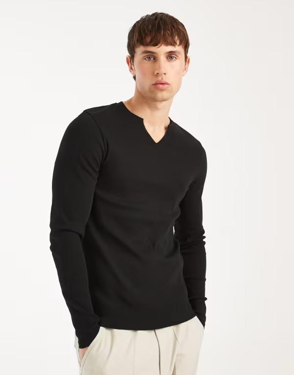 エイソス メンズ トップス Tシャツ ASOS DESIGN muscle fit long sleeve T-shirt with notch neck riblack ブラック