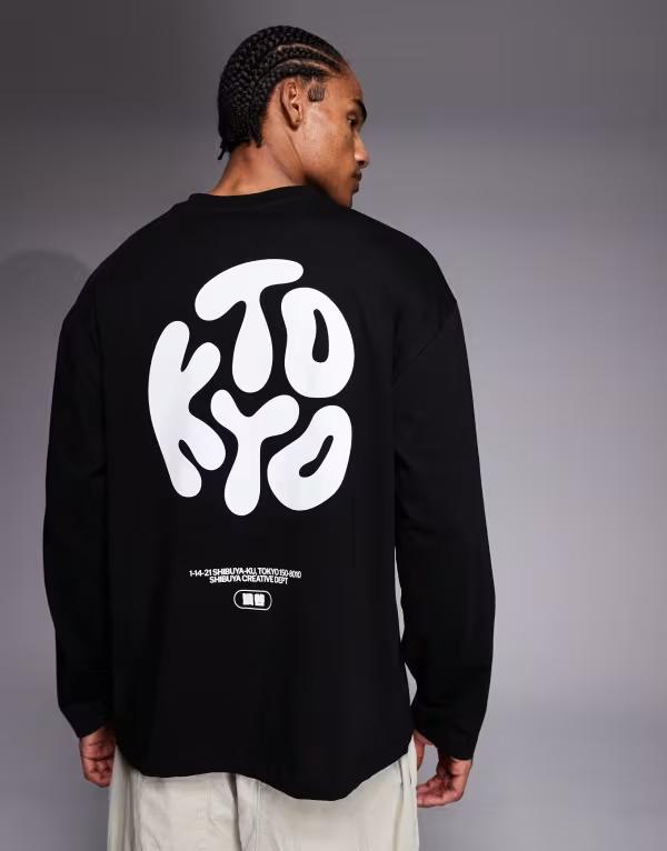 エイソス メンズ トップス Tシャツ グラフィック ASOS DESIGN oversized long sleeve T-shirt with Kyoto graphic Black ブラック