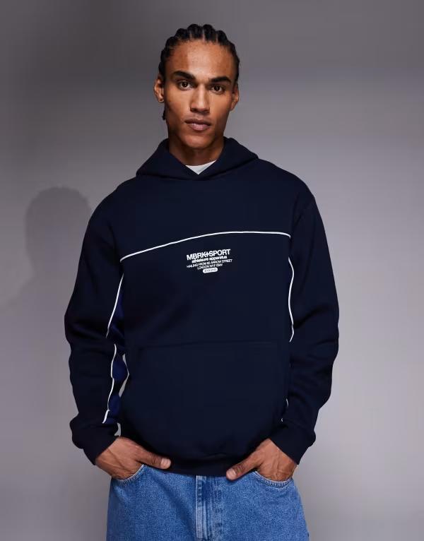 エイソス メンズ アウター パーカー・スウェット リラックスフィット プリント ASOS DESIGN relaxed fit hoodie with piping and print detail NAVY ネイビー