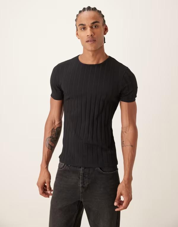 エイソス メンズ トップス ポロシャツ Tシャツ ASOS DESIGN slim T-shirt wide riblack ブラック