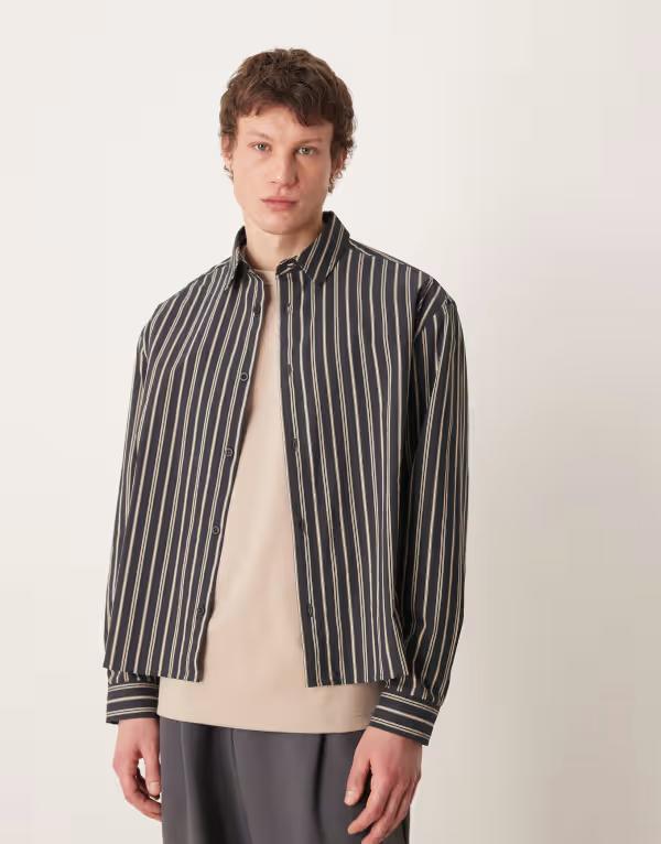 エイソス メンズ トップス シャツ ASOS DESIGN boxy stripe shirt and Black ブラック｜ReVida 店