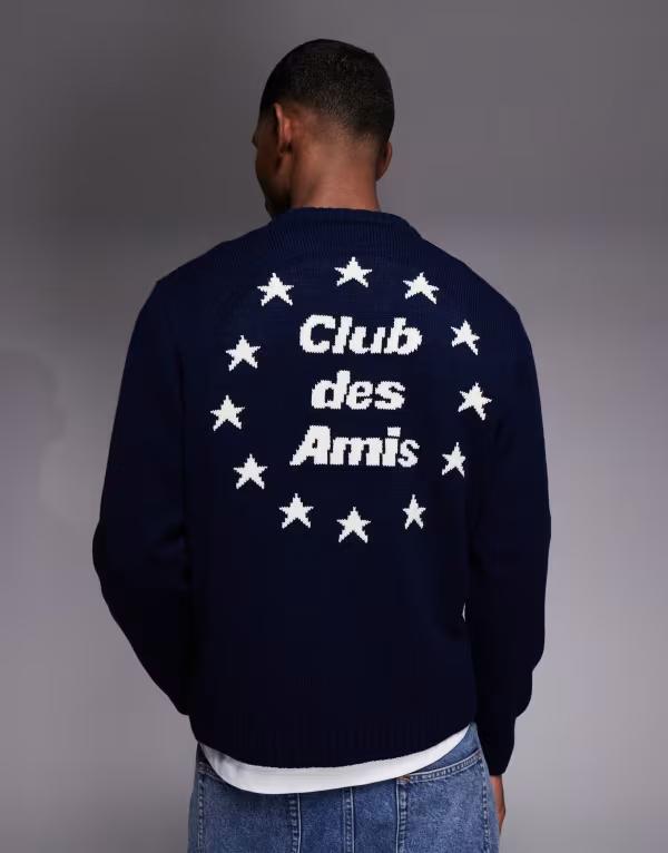 エイソス メンズ アウター ニット・セーター ASOS DESIGN oversized knit sweater with embroidery NAVY ネイビー