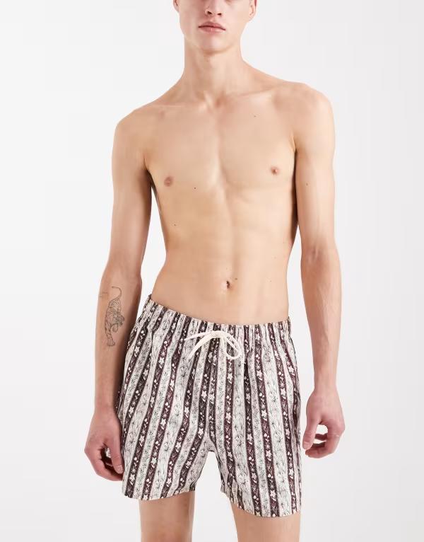 エイソス メンズ 水着 ハーフパンツ・ショーツ フラワー柄 ショートパンツ フラワー ASOS DESIGN short length swim shorts with floral stripes BROWN ブラウン｜ReVida 店 9,235円