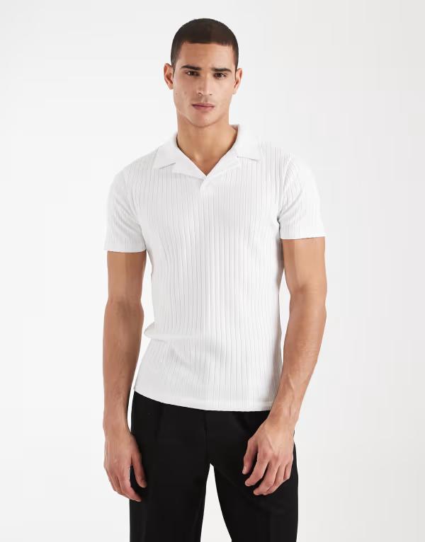 エイソス メンズ トップス スポーツシャツ ASOS DESIGN slim camp collar polo wide rib WHITE 白いこと