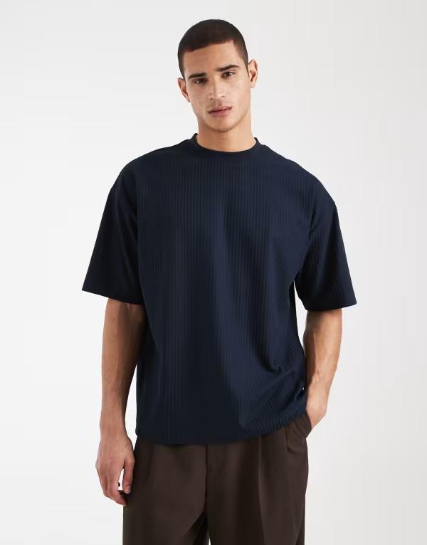 エイソス メンズ トップス Tシャツ ASOS DESIGN heavyweight oversized T-shirt jacquard texture Sky captain ネイビー｜ReVida 店 10,205円