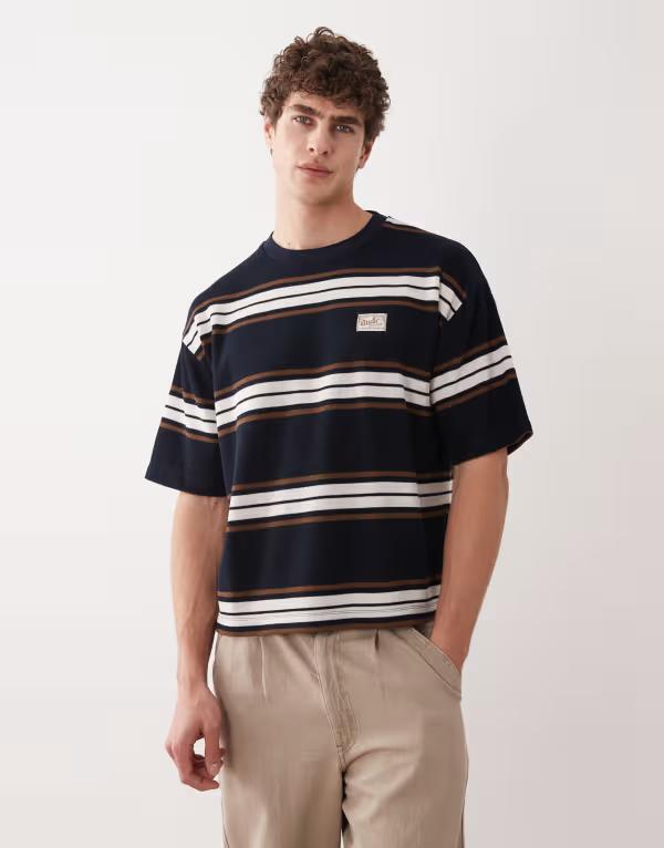 エイソス メンズ トップス Tシャツ ASOS DESIGN heavyweight boxy oversized t-shirt with chest embroidery in dark stripes Navy stripe ネイビー
