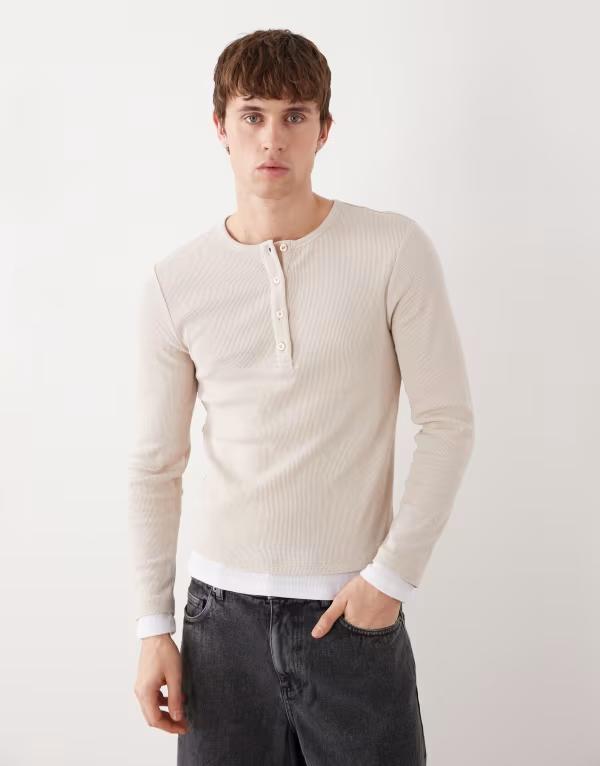 コルージョン メンズ トップス Tシャツ COLLUSION double layer henley T-shirt in oatmeal オートミール